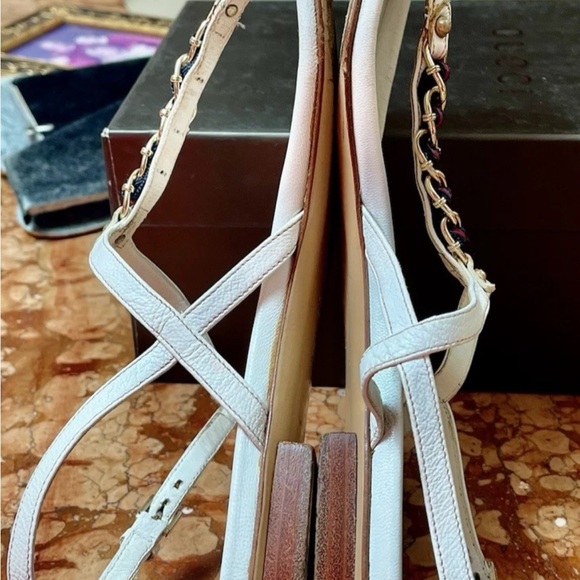 GUCCI Authentic White Sandals - Size 38.5 - Flat Thong Red/Blue Ribbon Chain - Picture 10 of 13